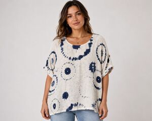 Bella Amore Italy White Blue Linen Tie Dye Oversized Lagenlook Top One Size XL